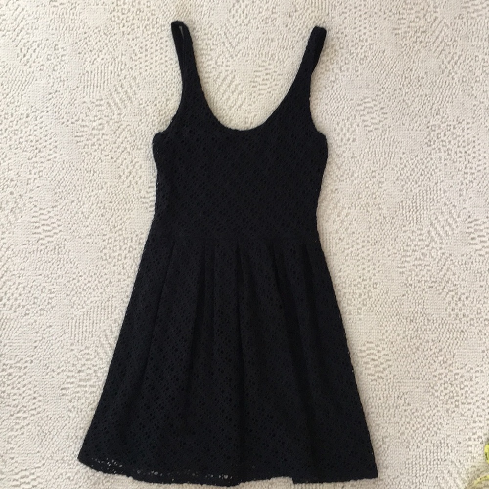 Black eyelet tank dress, thick lace-like overlay
